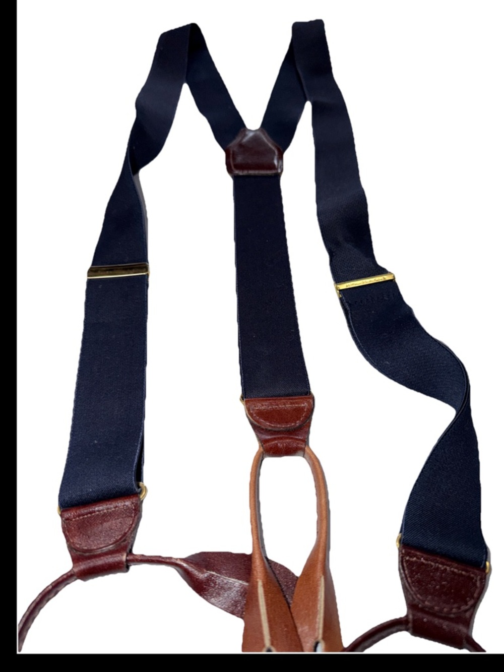 Vintage CAS W Germany BLUE Suspenders BROWN Leather Button Tab Braces Y strap OS